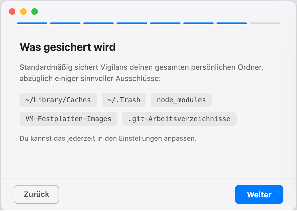 Einrichtungsschritt: Was gesichert wird, mit Standard-Ausschlüssen wie Caches, Papierkorb und node_modules