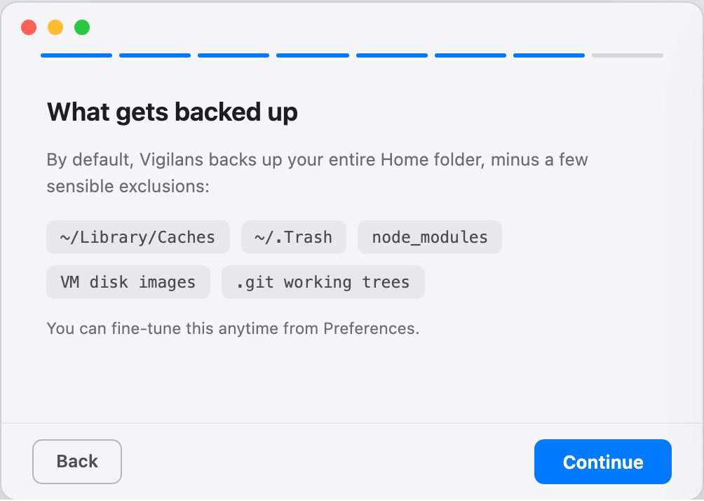 Onboarding step: What gets backed up, listing default exclusions like caches, trash, and node_modules